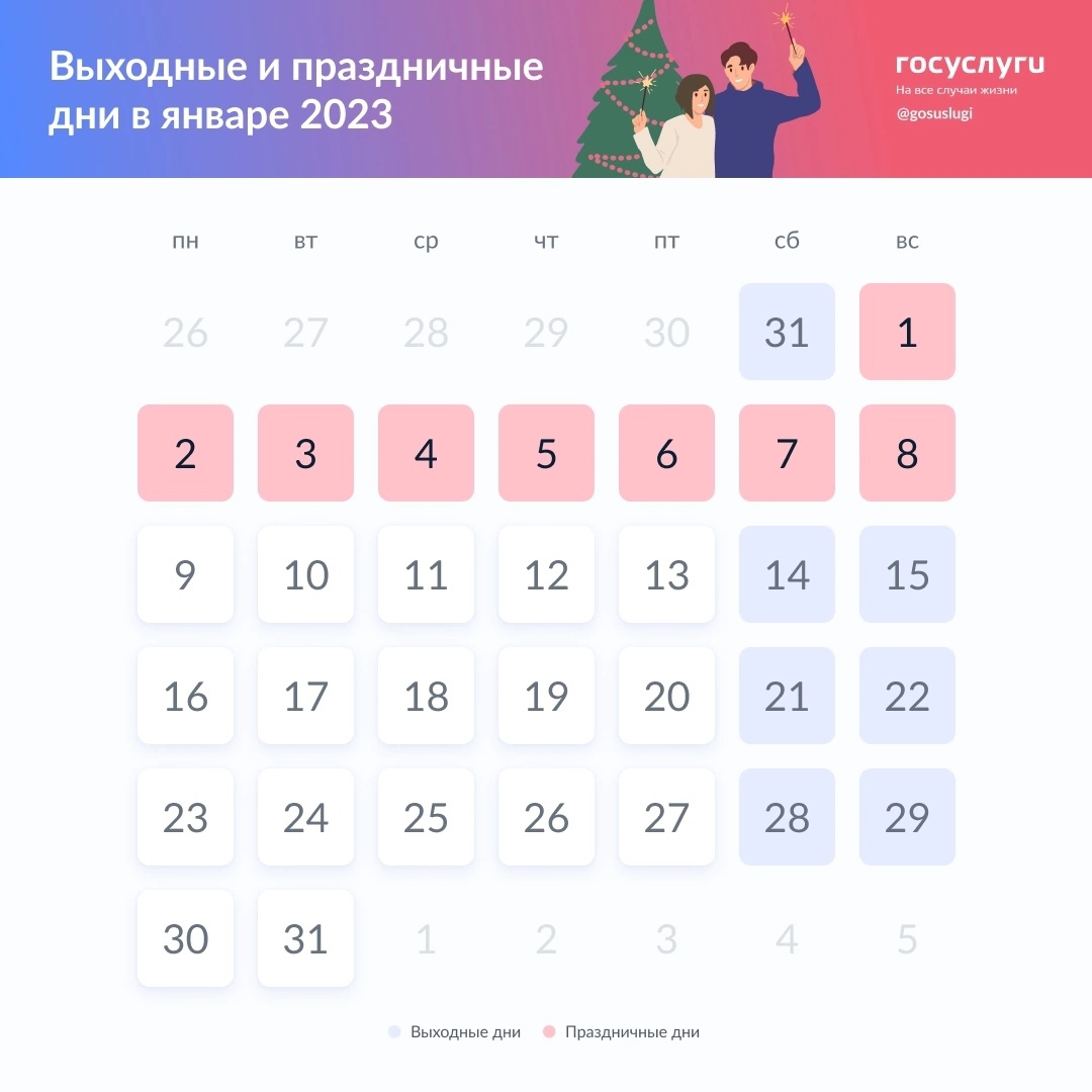 Выходные и праздничные дни в январе 2023 